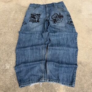 Southpole Baggy Blue Jeans Mens 34 Embroidered King of Kings Wide Leg Y2K Denim